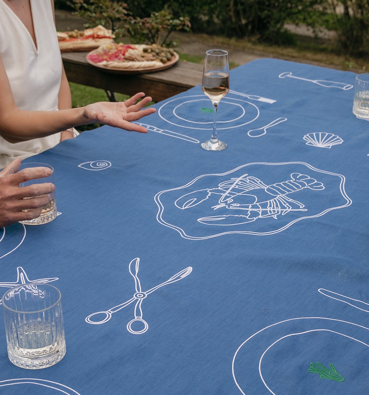Sea Blue 100% Linen Embroidered Tablecloth